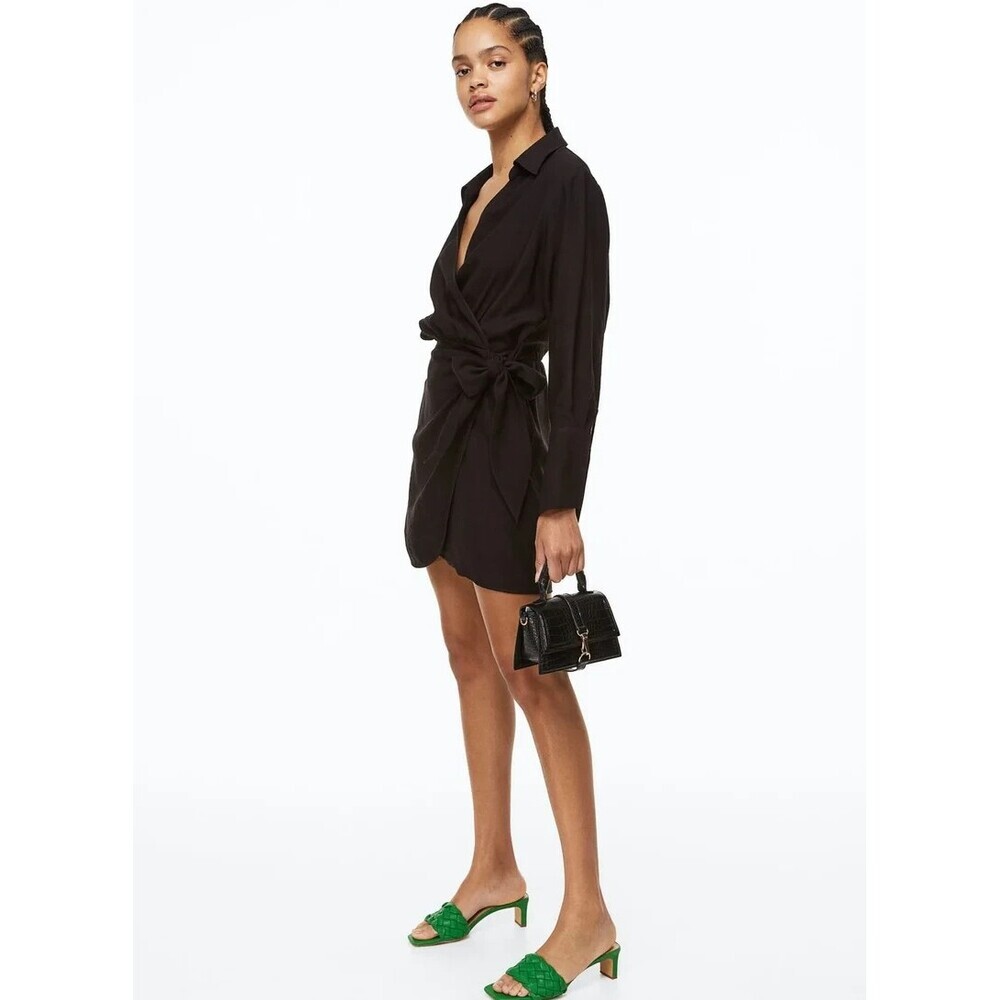 H&M Wrap Dress Mini Deep V Black Cocktail Party Date Night Size Small - Picture 4 of 13
